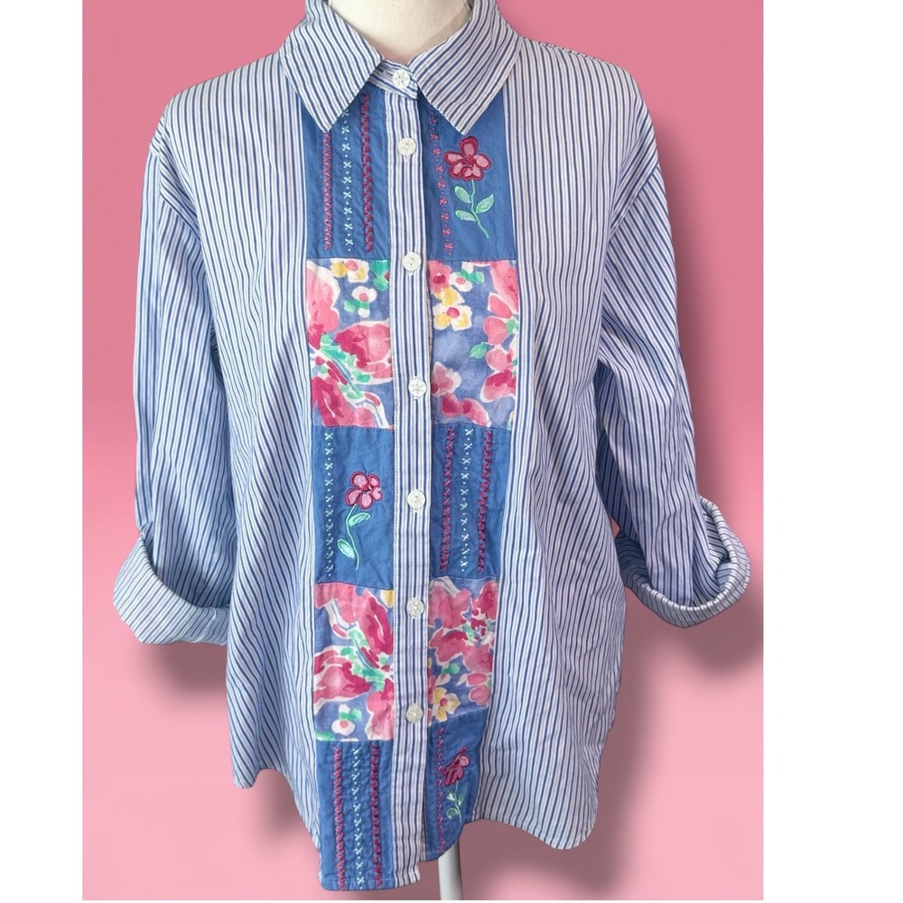 VTG Sarah Bentley Womens Blue White Striped Floral Patchwork Embroidered Shirt L